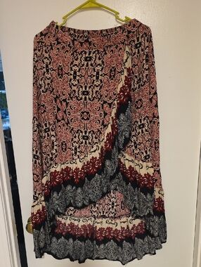 She In Bohemian Printed Tiered Midi Skirt in Black, Cream & Burgundy